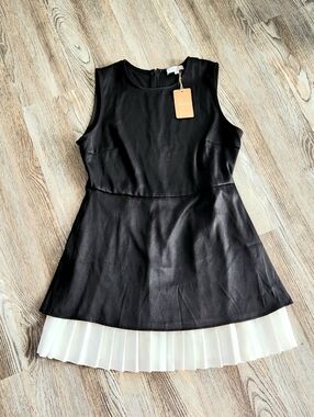 Rihoas Black Splicing Pleat Hem Mini Dress Womens L Sleeveless Layered Recycled